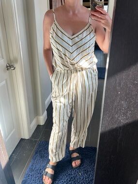 Beige by eci Cream Jumpsuit with Yellow/ Black Stripes